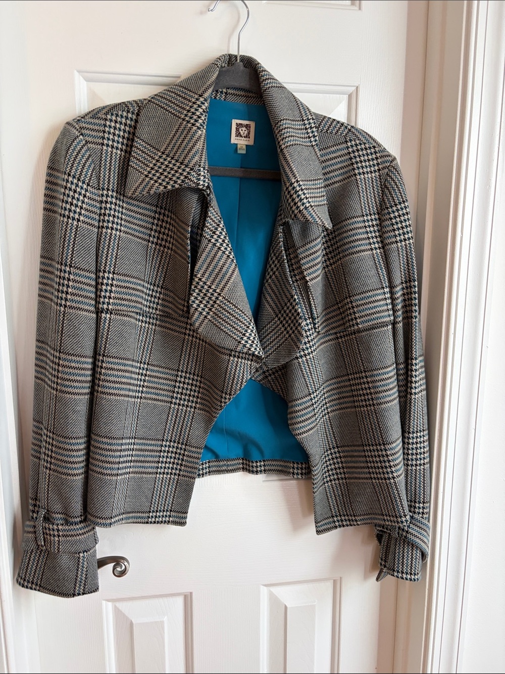 Anne Klein Black and Gray Plaid Cropped Blazer with Teal Lining